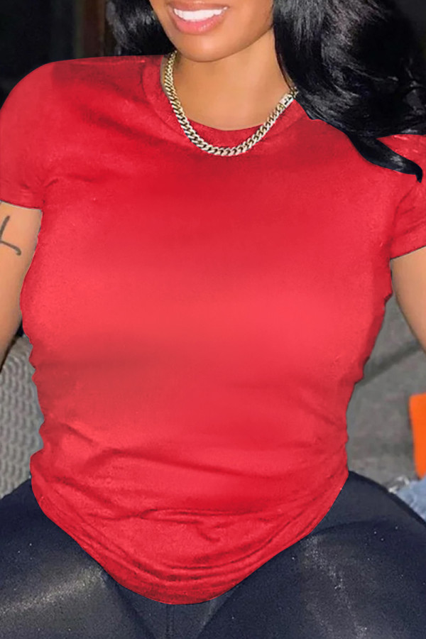 Camisetas con cuello en O de patchwork sólido de calle de moda roja