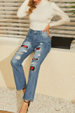 Baby Blue Casual Street Print Ripped Patchwork Plus Size Jeans