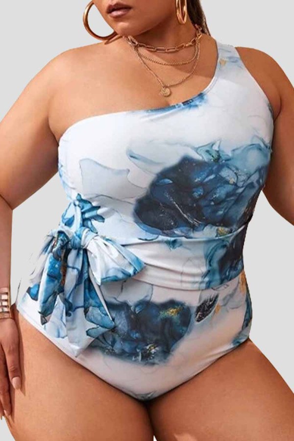 Multicolor Fashion Sexy Print Backless One Shoulder Plus Size Swimwear