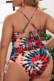 Multicolor Fashion Sexy Print Hollowed Out Backless V Neck Plus Size Swimwear