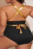 Black Fashion Sexy Solid Patchwork Cross Straps V Neck Plus Size Swimwear