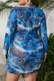 Синий Модный сексуальный принт с V-образным вырезом Плюс размер Купальники