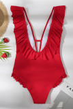 Rote Mode Sexy Solide Ausgehöhlte Backless Swimwears