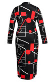 ブラックプラスサイズファッション幾何学印刷Oネックラップスカートプラスサイズドレス