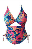 Multicolor Fashion Sexy Print Hollowed Out Backless Cross Straps V Neck Plus Size Swimwear