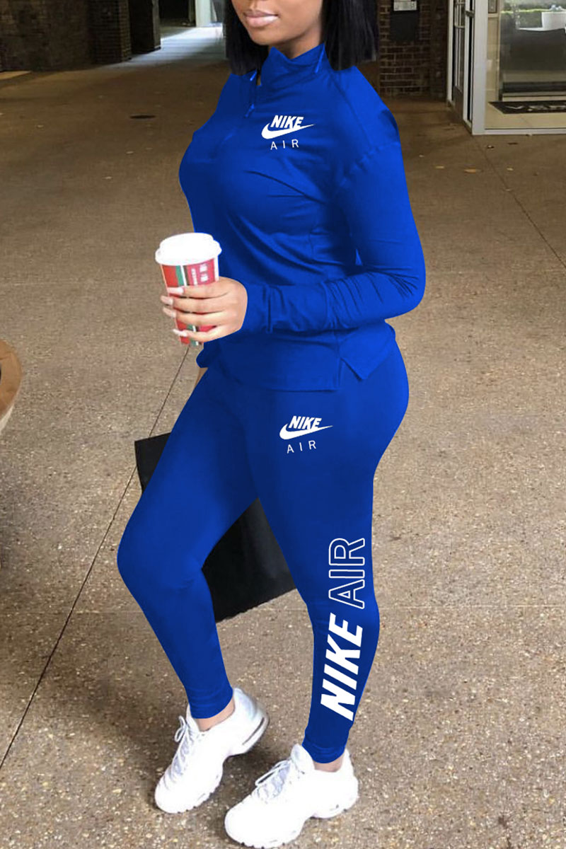 

Blue Fashion Casual Letter Split Joint Long Sleeve Two Pieces