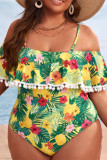 Yellow Fashion Sexy Print Backless Off the Shoulder Plus Size Swimwear