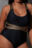 Black Fashion Sexy Solid Patchwork Backless U Neck Plus Size Swimwear