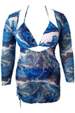 Blue Fashion Sexy Print Basic V Neck Plus Size Swimwear
