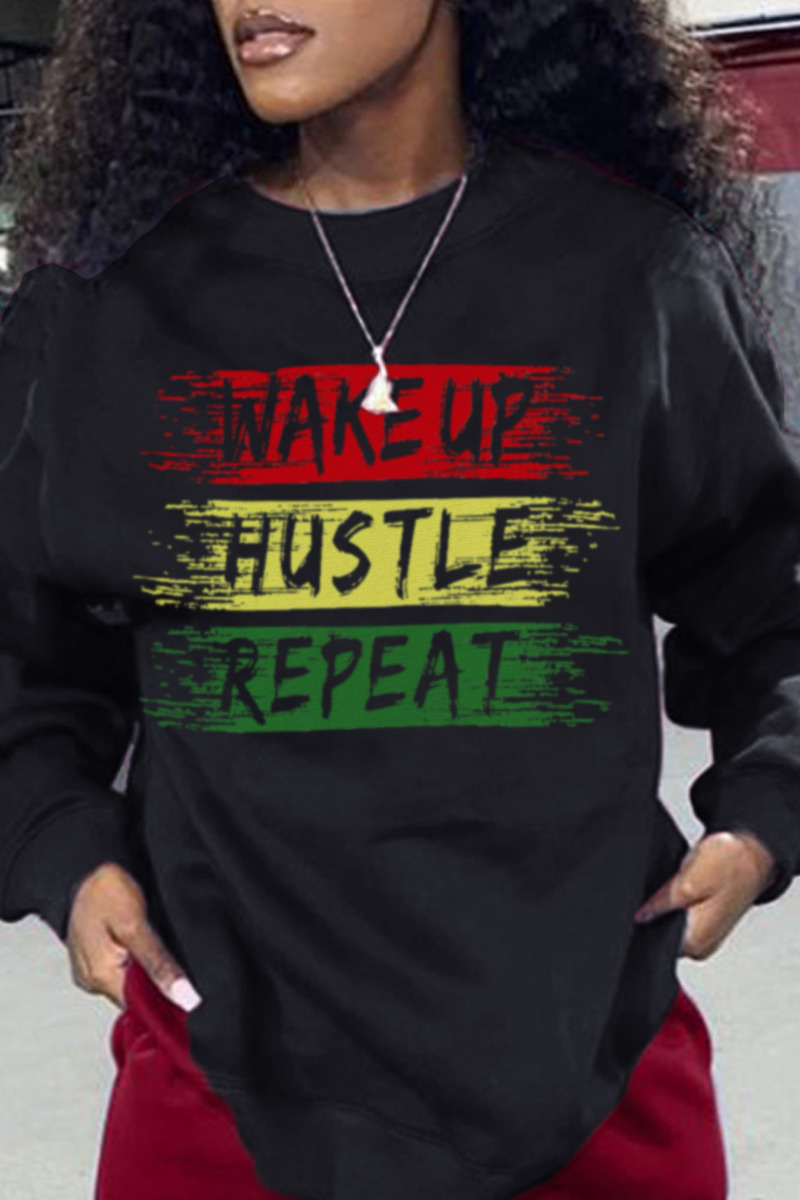 

Black Fashion Street Print Split Joint O Neck Tops
