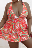 Rote Mode Sexy Print Backless V-Ausschnitt Plus Size Bademode