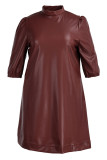 ブルゴーニュファッションカジュアルソリッドマンダリンカラーAラインプラスサイズのドレス