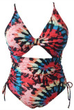 Multicolor Fashion Sexy Print Hollowed Out Backless V Neck Plus Size Swimwear