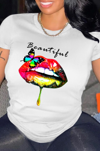 White Fashion Casual Lips Printed Split Joint Letter O Neck T-Shirts