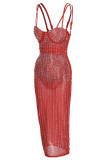 Röd Mode Sexig Hot Drilling Genomskinlig Spaghetti Strap Sling Dress