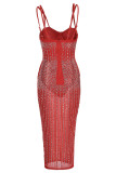 Röd Mode Sexig Hot Drilling Genomskinlig Spaghetti Strap Sling Dress