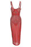 Red Fashion Sexy Hot Drilling Durchsichtiges Spaghettiträger-Sling-Kleid