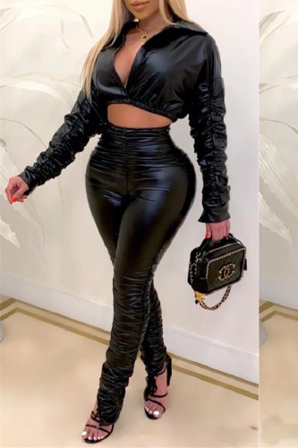 Black Fashion Sexy Solid Fold Turndown Collar Long Sleeve Two Pieces