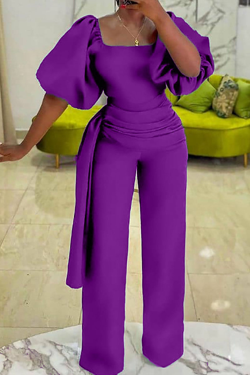 

Purple Casual Solid Split Joint Square Collar Straight Jumpsuits