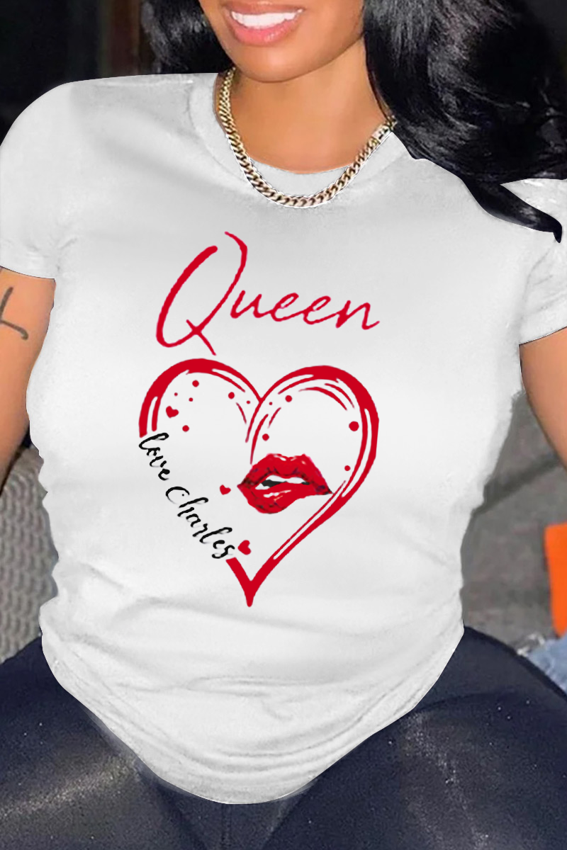 

White Fashion Casual Lips Printed Split Joint Letter O Neck T-Shirts