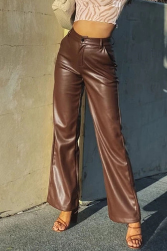 Brown Fashion Casual Solid Patchwork Straight High Waist Straight Solid Color Bottoms