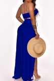 Light Blue Sexy Solid Patchwork Slit Off the Shoulder Sleeveless Two Pieces