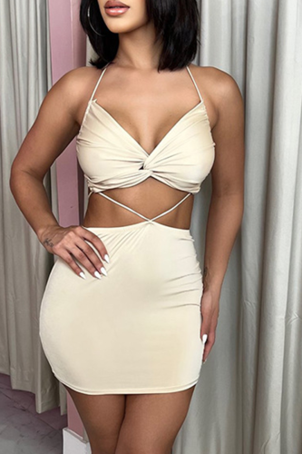 Beige Sexy Solid Patchwork Halter Pencil Skirt Dresses