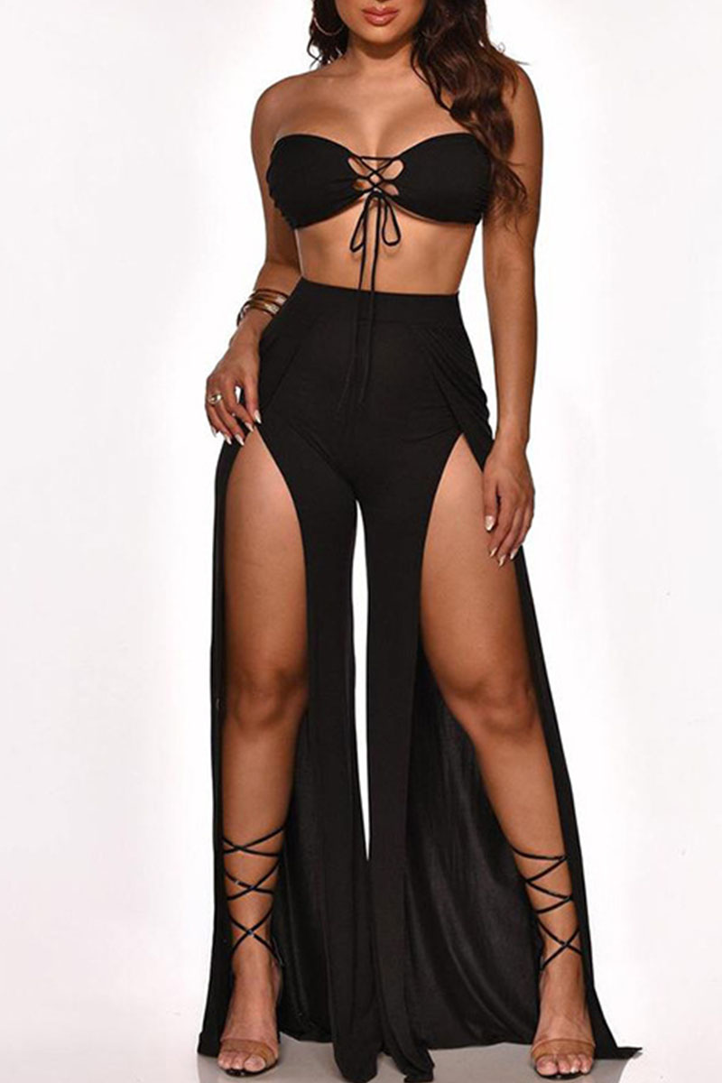 

Black Sexy Solid Split Joint Slit Off the Shoulder Sleeveless Two Pieces