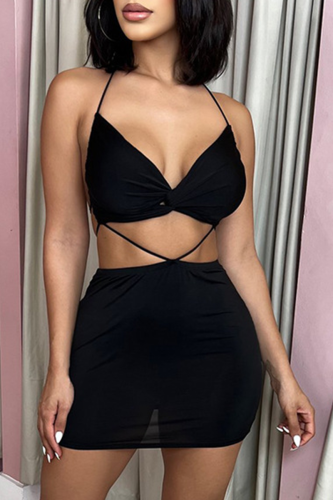 Black Sexy Solid Patchwork Halter Pencil Skirt Dresses