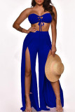 Light Blue Sexy Solid Patchwork Slit Off the Shoulder Sleeveless Two Pieces