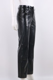 Zwarte mode casual effen patchwork rechte hoge taille rechte effen kleur broek
