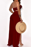 Burgundy Sexy Solid Patchwork Slit Off the Shoulder Sleeveless Two Pieces