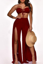 Burgundy Sexy Solid Patchwork Slit Off the Shoulder Sleeveless Two Pieces