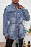 Blå Mode Casual Solid Patchwork Turndown-krage Långärmad vanlig jeansjacka