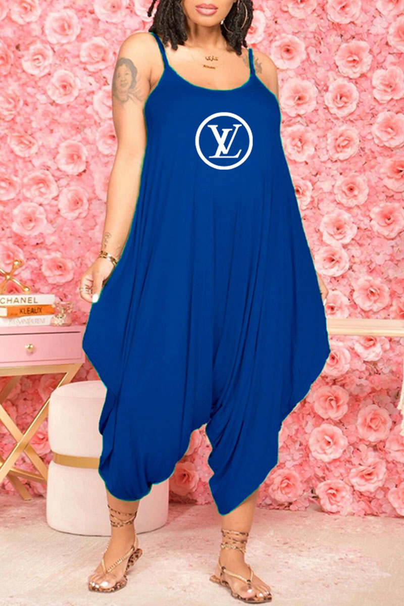 

Blue Fashion Casual Print Letter Spaghetti Strap Jumpsuits