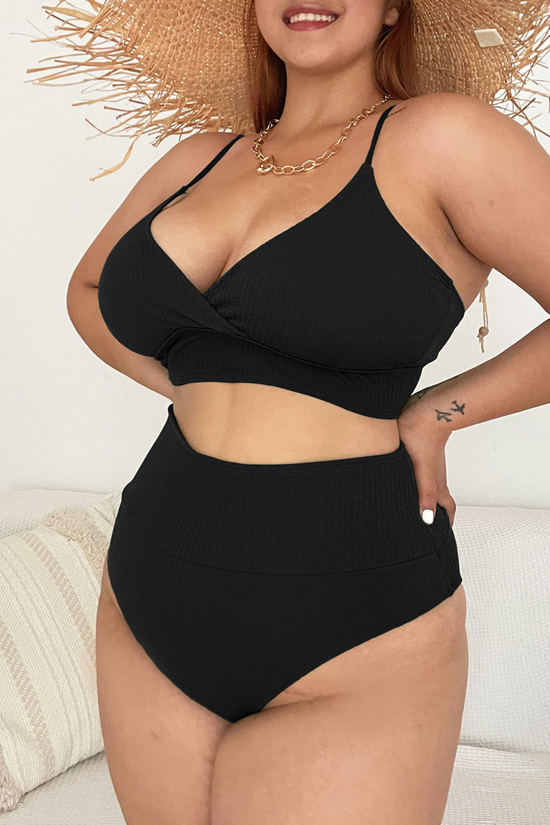 

Black Sexy Solid Split Joint Spaghetti Strap Plus Size Swimwear