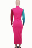 Roze casual effen patchwork halve col-jurken met één stap rok