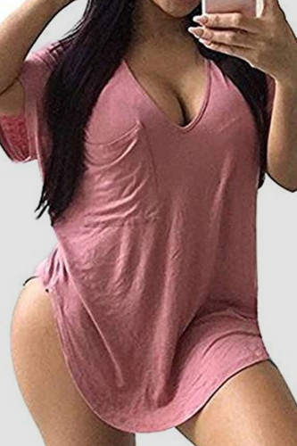 Pink Casual Solid Patchwork Pocket V Neck T-Shirts
