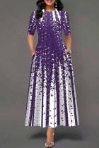 Пурпурное модное повседневное длинное платье с круглым вырезом и принтом