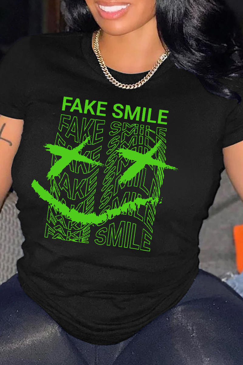 Black Fashion Street Print Split Joint O Neck T-Shirts