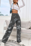 Dunkelgraue, lässige Street-Print-Patchwork-Jeans mit hoher Taille und geradem Denim