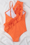 Tangerine Red Sexy Vacation Solid Fold Swimwears
