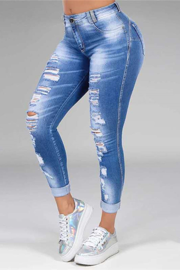 Jeans de mezclilla ajustados de cintura media rasgados sólidos informales de moda azul bebé