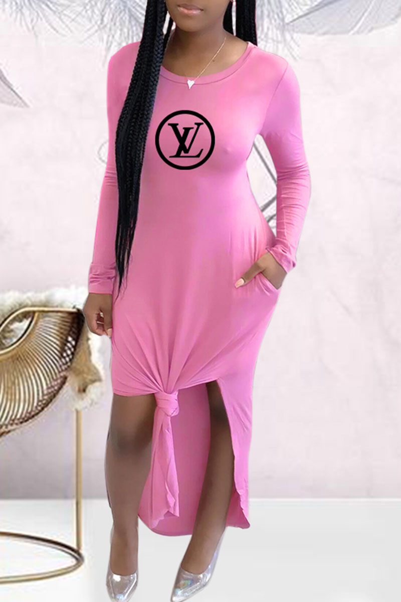 

Pink Fashion Casual Print Letter O Neck Straight Dresses