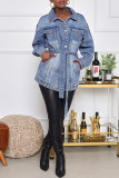 Veste en jean classique à manches longues et col rabattu à la mode décontractée bleu