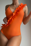 Tangerine Red Sexy Vacation Solid Fold Купальники