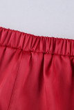 Rojo casual sólido bordado patchwork cuello con cremallera manga corta dos piezas