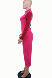 ピンク カジュアル ソリッド パッチワーク ハーフ タートルネック ワン ステップ スカート ドレス
