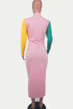 Roze casual effen patchwork halve col-jurken met één stap rok
