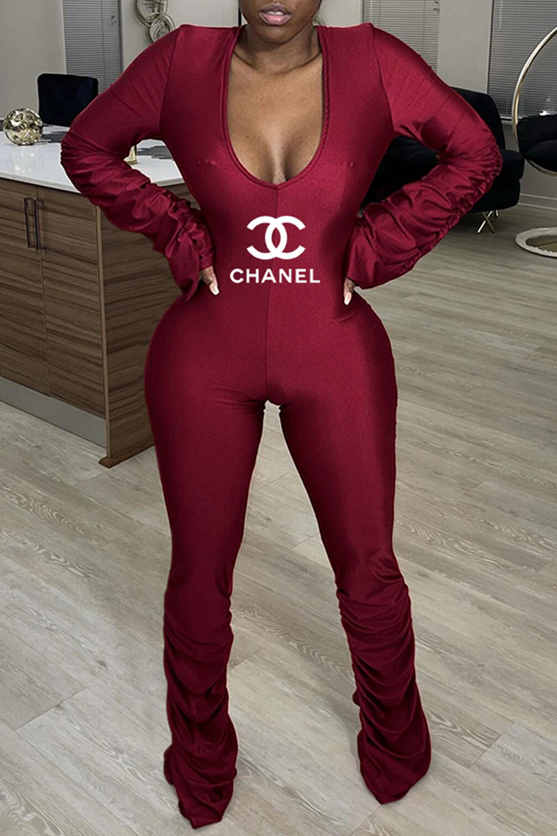 

Burgundy Fashion Sexy Print Letter V Neck Jumpsuits